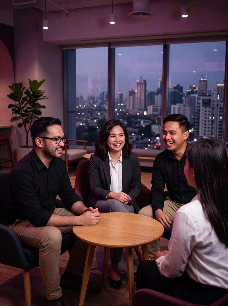 KDCI team members collaborating around a table in a modern office